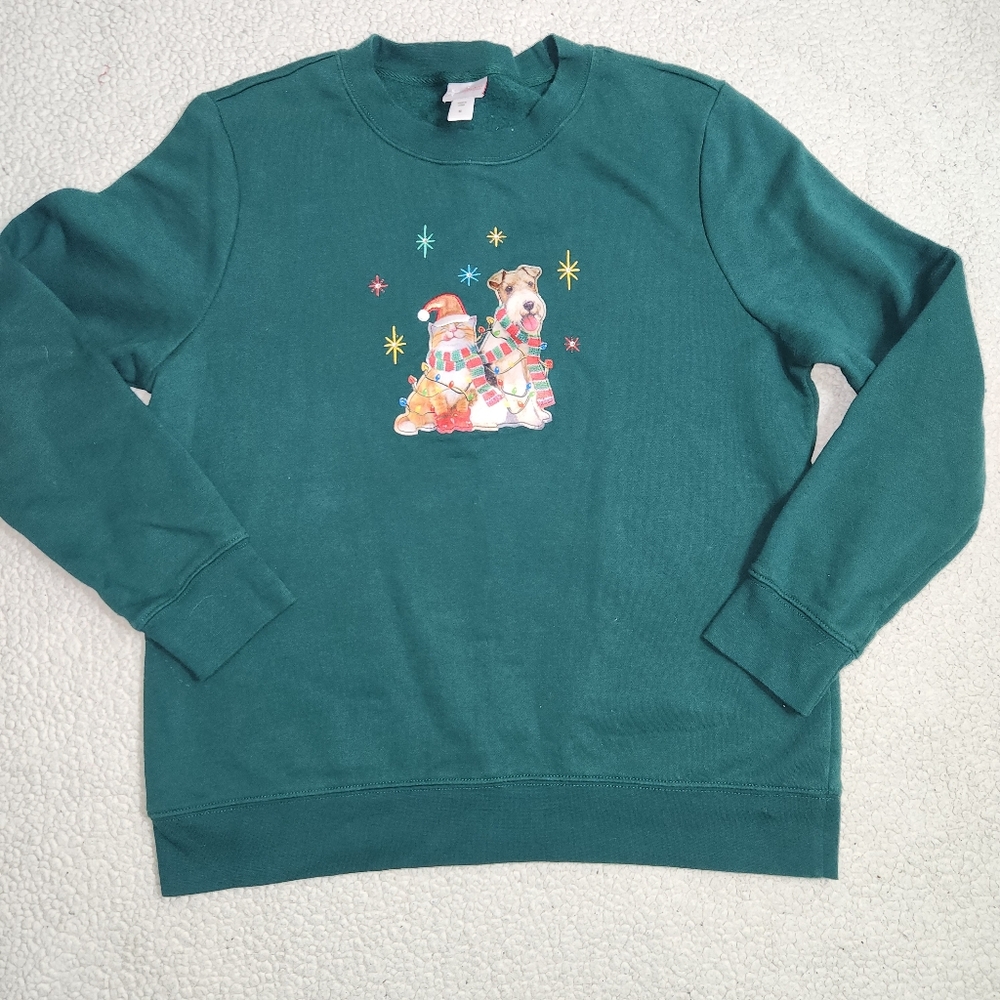 Vtg holiday edition cat and Terrier dog christmas patch embroidered sweatshirt M